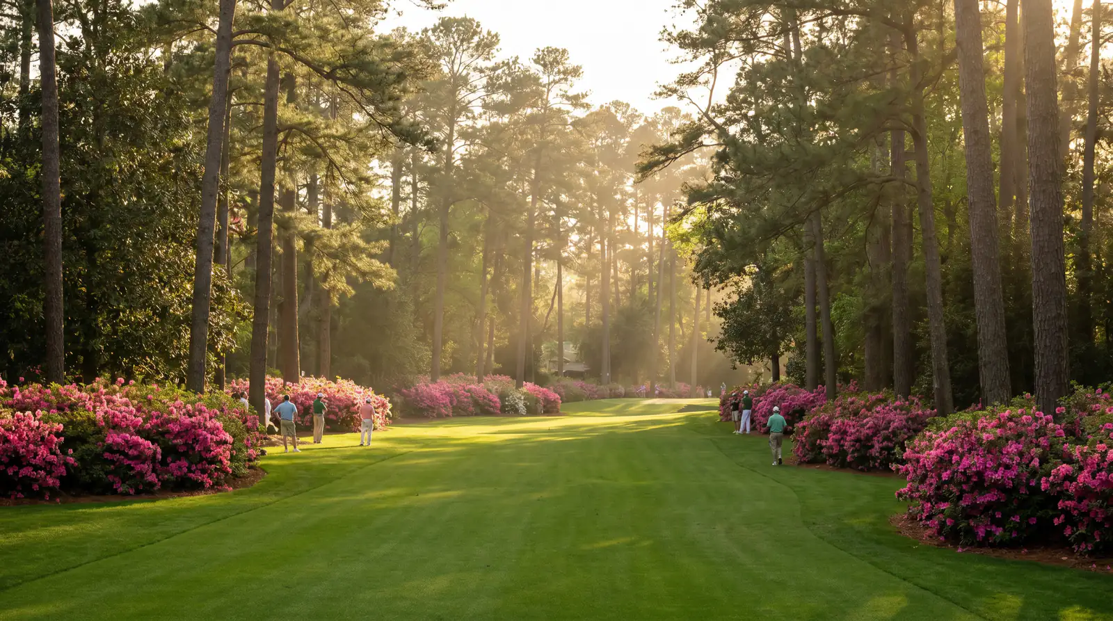 Augusta National fairway lined with azaleas during Masters week