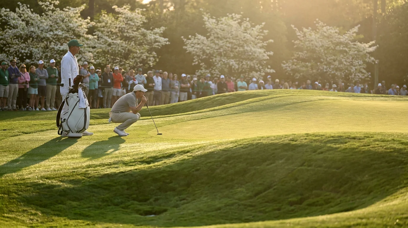 A tour player crouching to read a heavily undulating green at the Masters