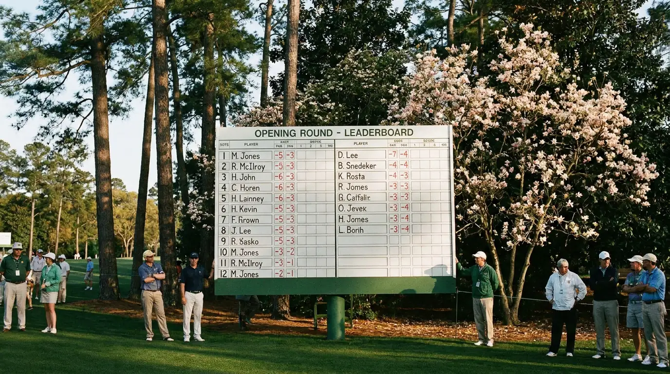 Opening-round Masters leaderboard view at Augusta with player positions and scores