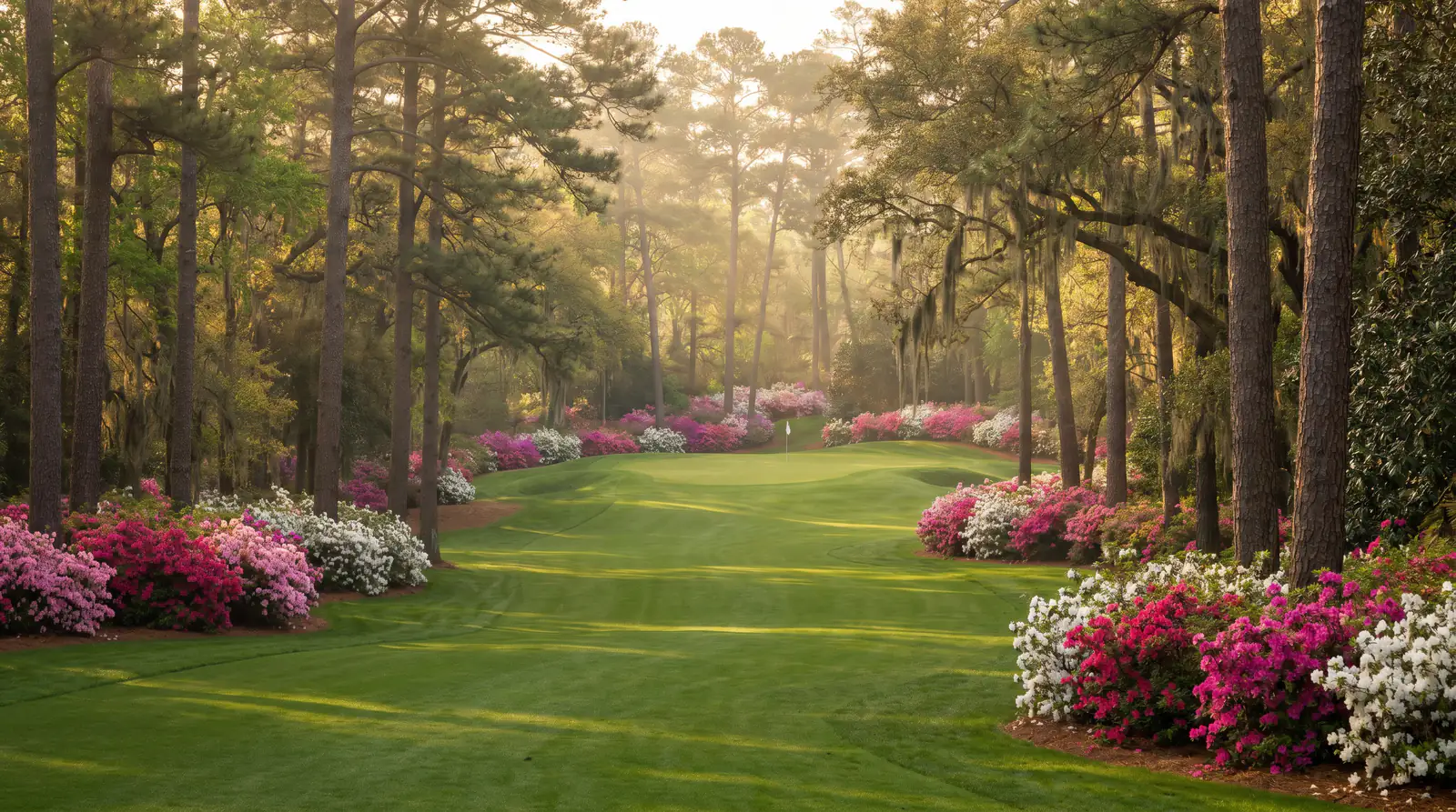 Magnolia-lined fairway at a tradition-rich southern golf course in full spring bloom