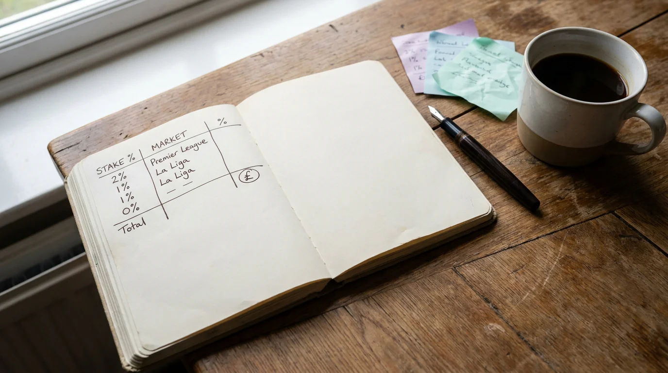 Handwritten bankroll allocation table in a notebook next to a coffee cup on a wooden desk