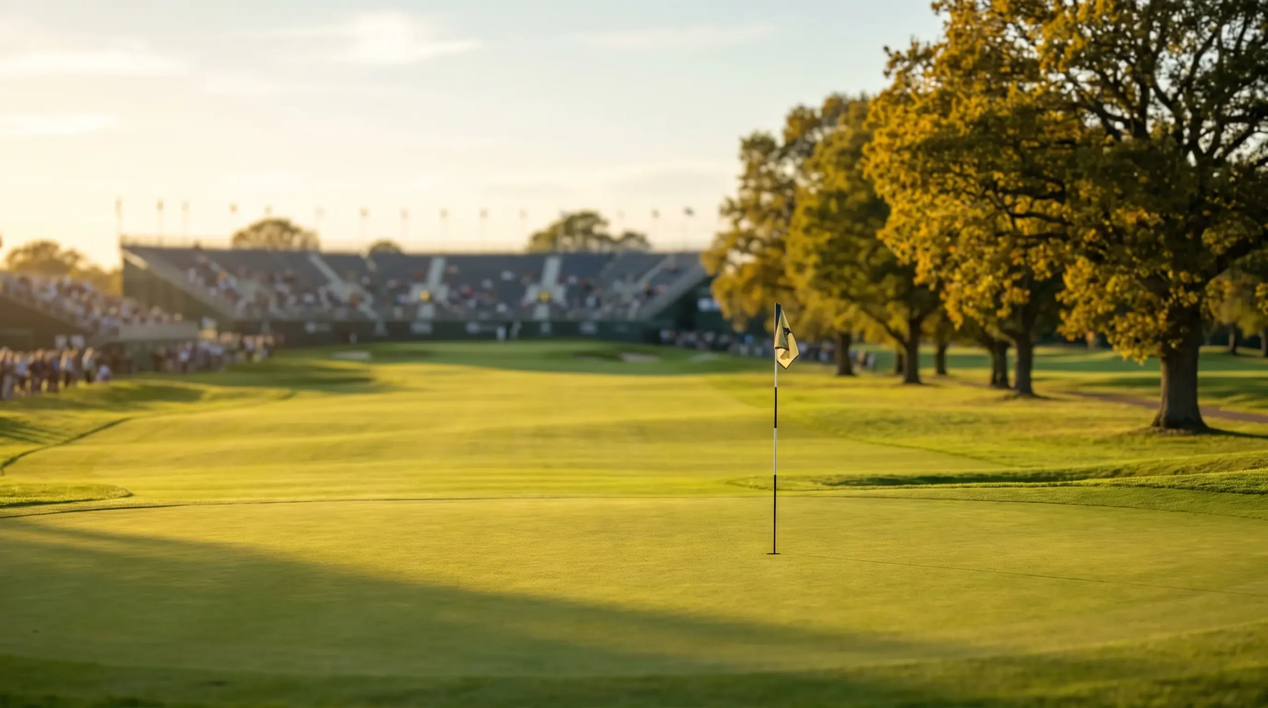 Sunlit championship golf course in the United Kingdom during a final round tournament afternoon