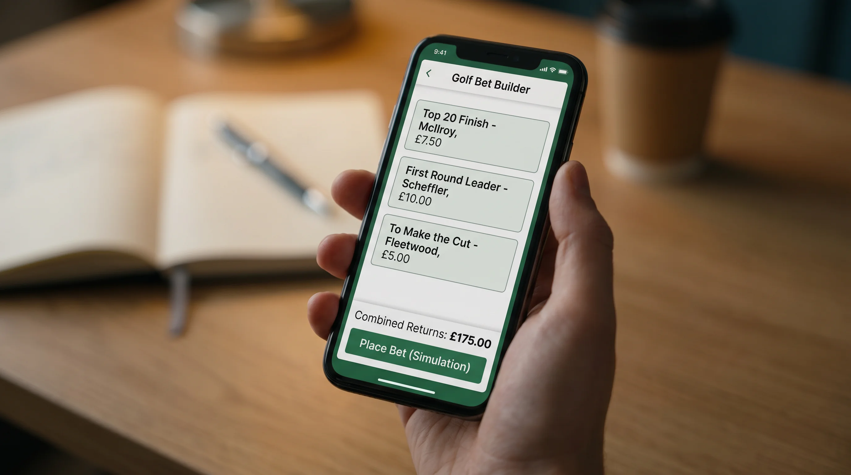 Smartphone displaying a multi-leg golf bet builder slip with combined selections