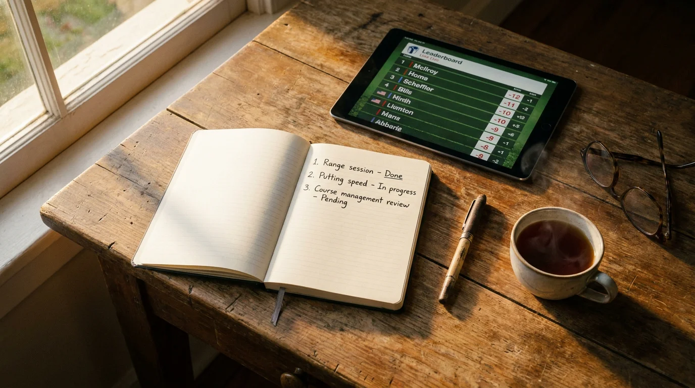 Bettor reviewing a numbered checklist in a notebook beside a tournament leaderboard on screen