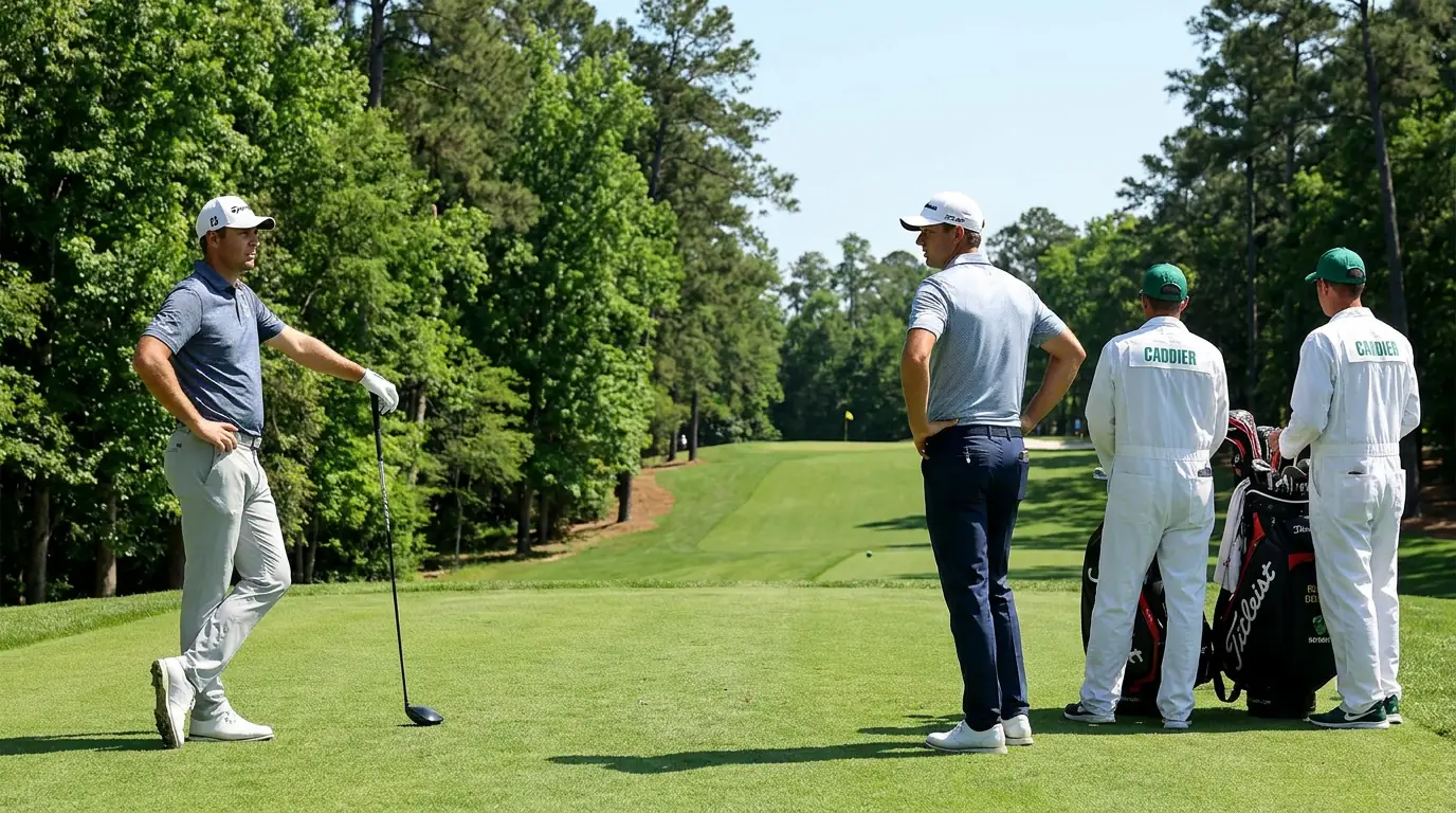 Two players waiting on a tee box during the between-holes pause that defines the live golf window.