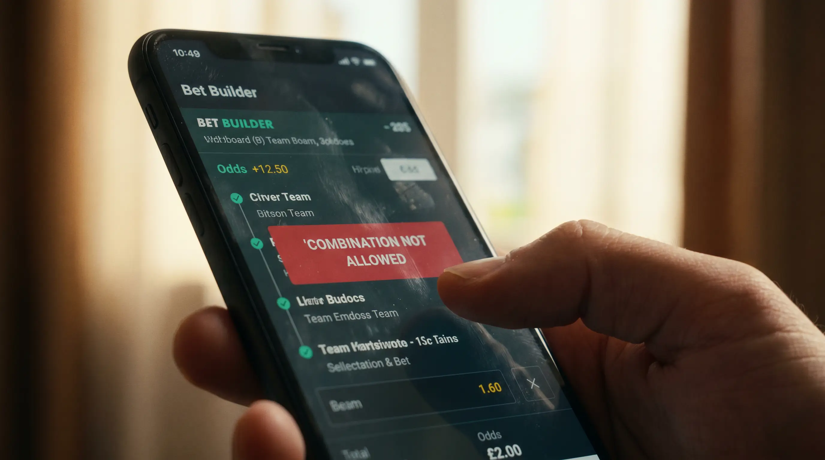Blocked combination message displayed on a UK bet builder interface