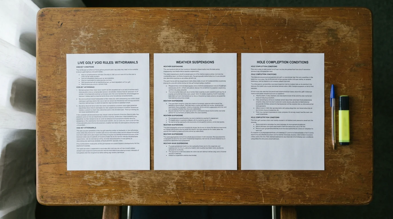 Print pages comparing UK bookmaker rules for void golf bets laid out on a desk