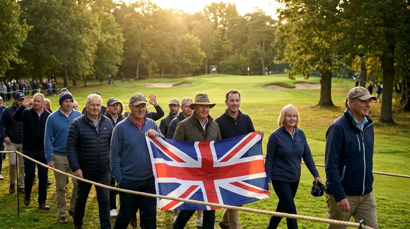 UK fans with a flag supporting the home contingent at a live golf tournament