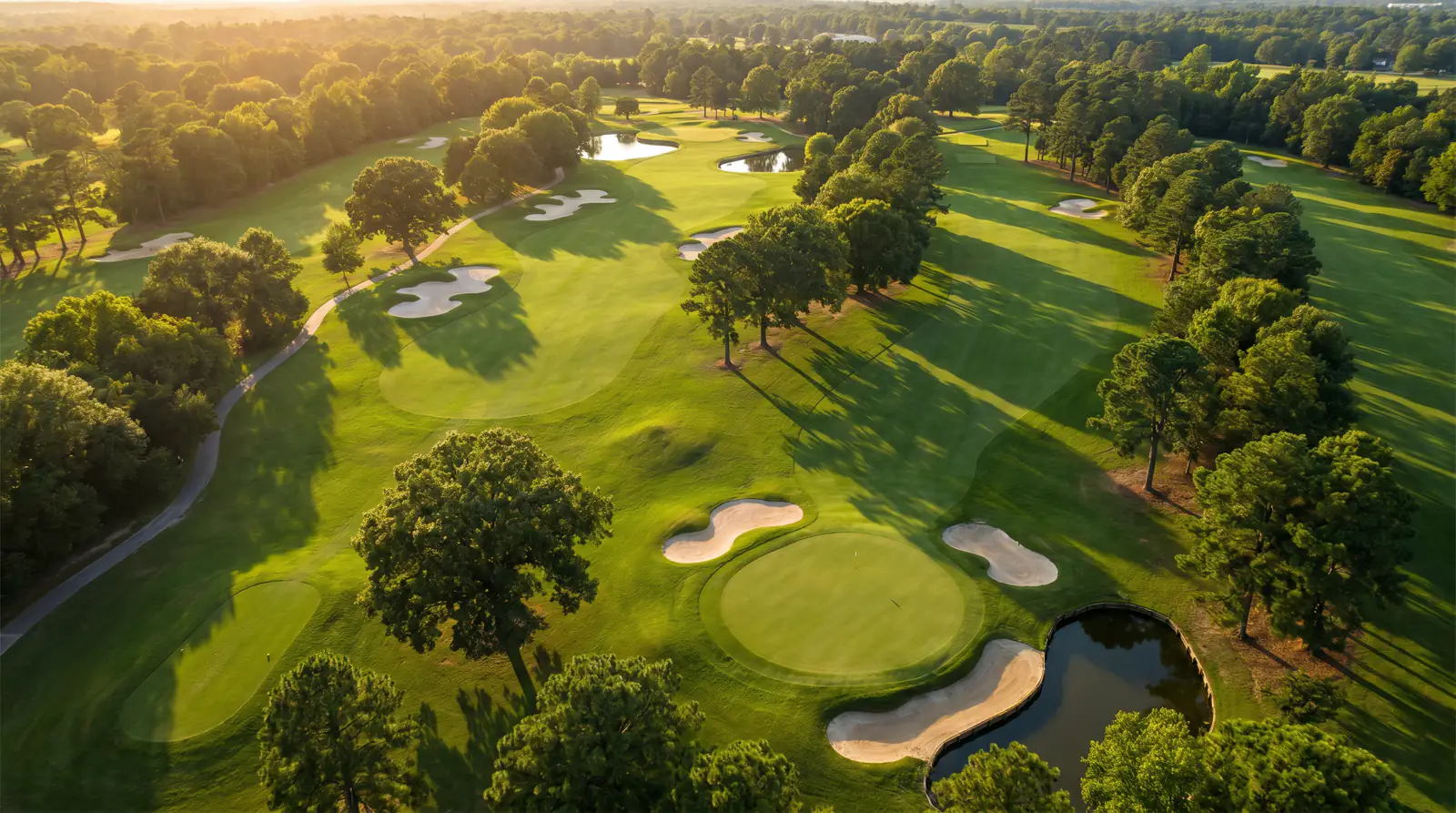 Aerial view of a championship golf course showing strategic bunkering, dogleg fairways and elevated greens