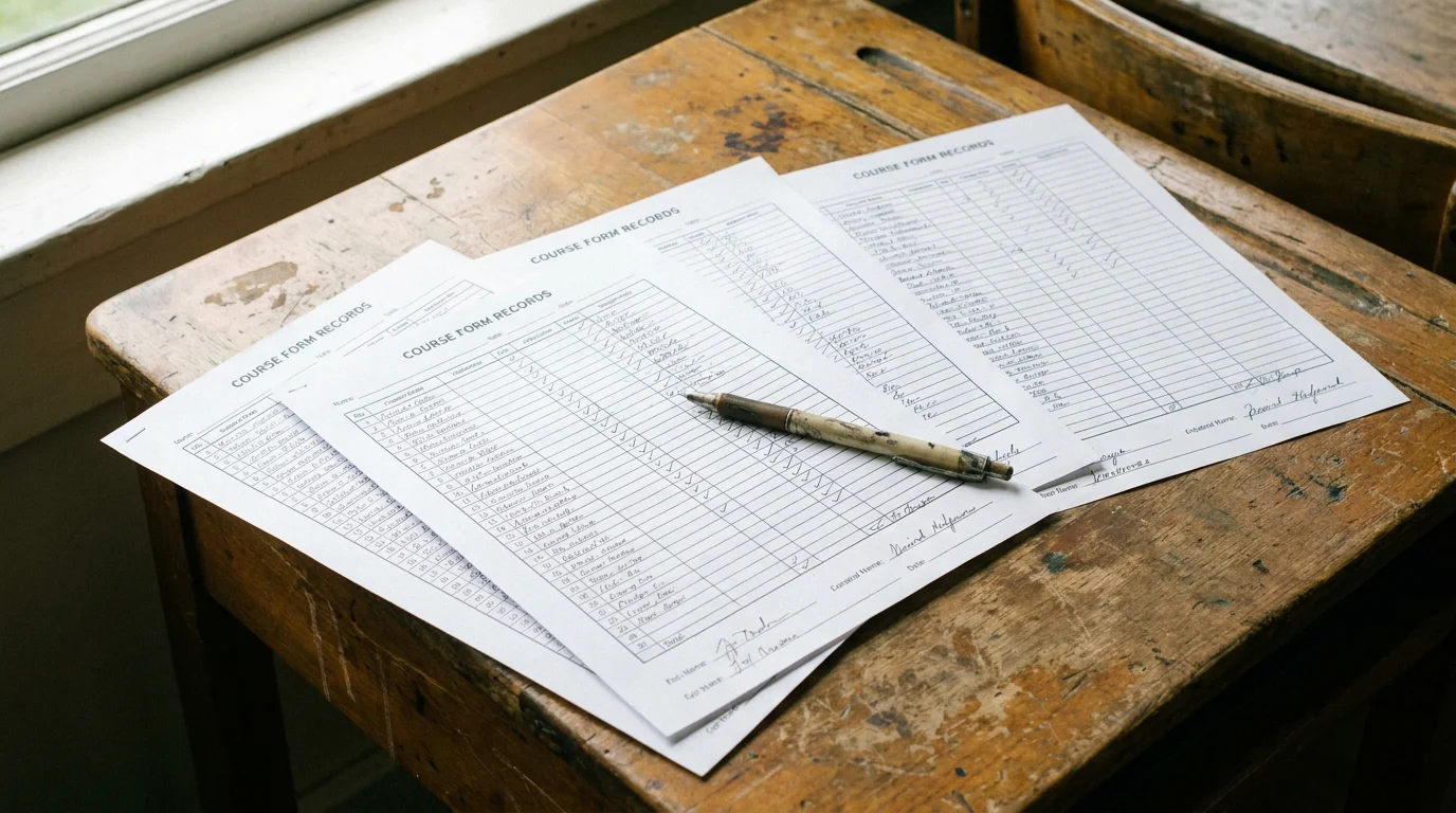 Printed pages of course form records on a desk with a pen for review