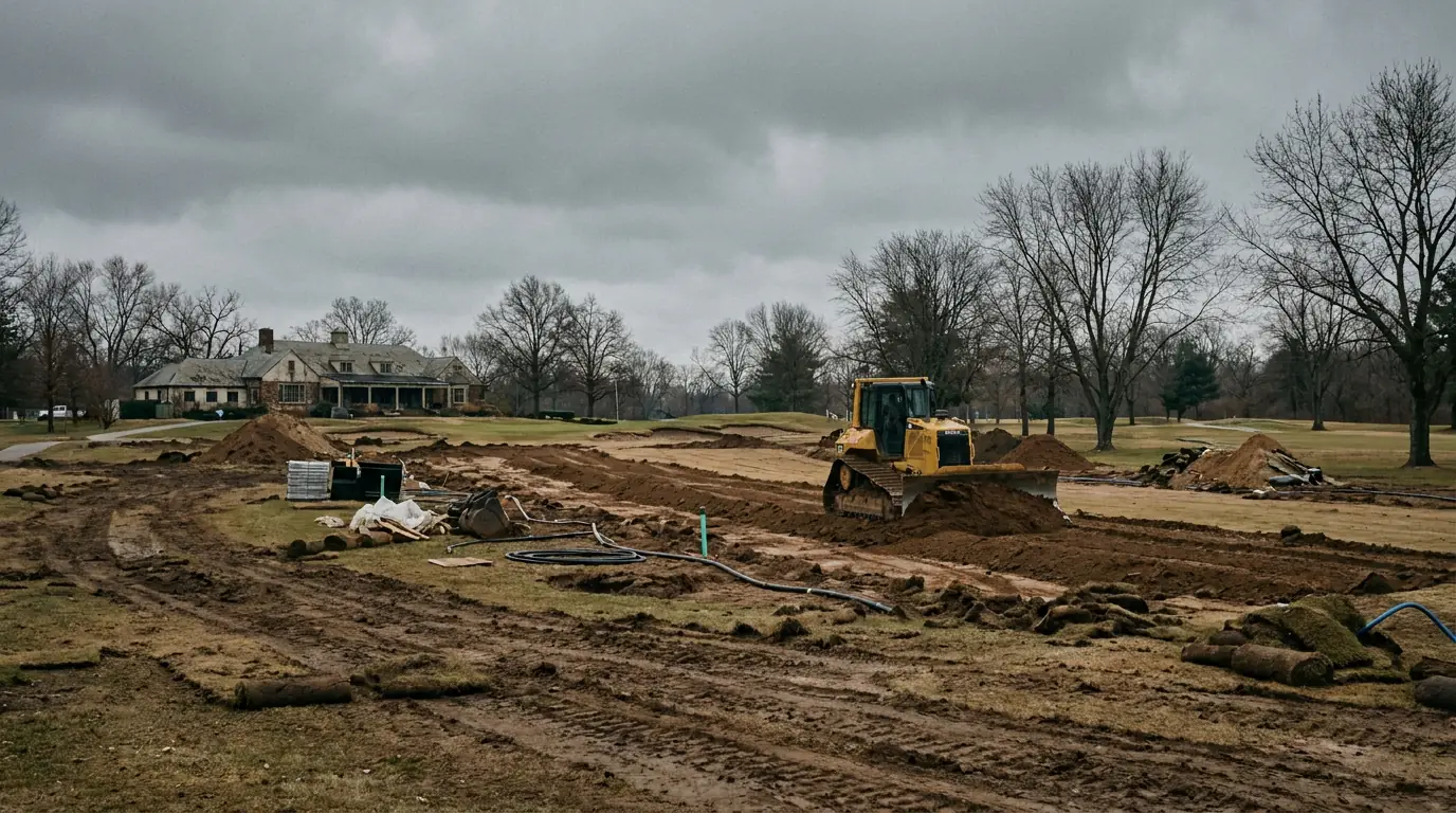 Course renovation site with bulldozer reshaping a hole during off-season works