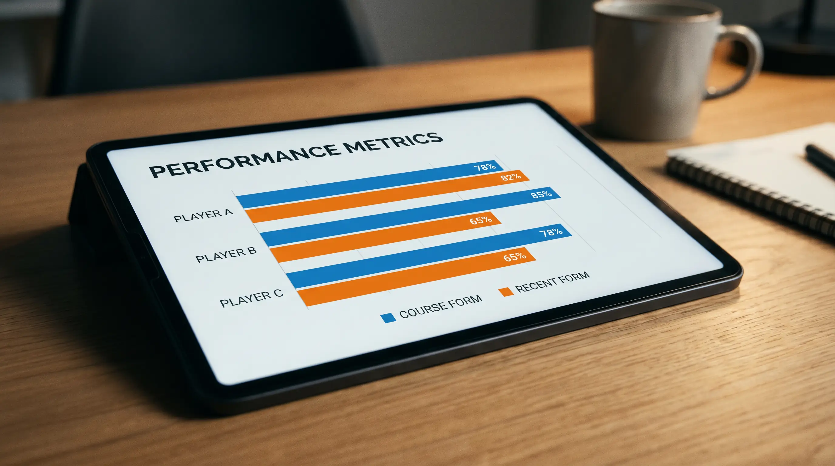 Comparison chart of course form and recent form on a tablet for a UK live golf venue