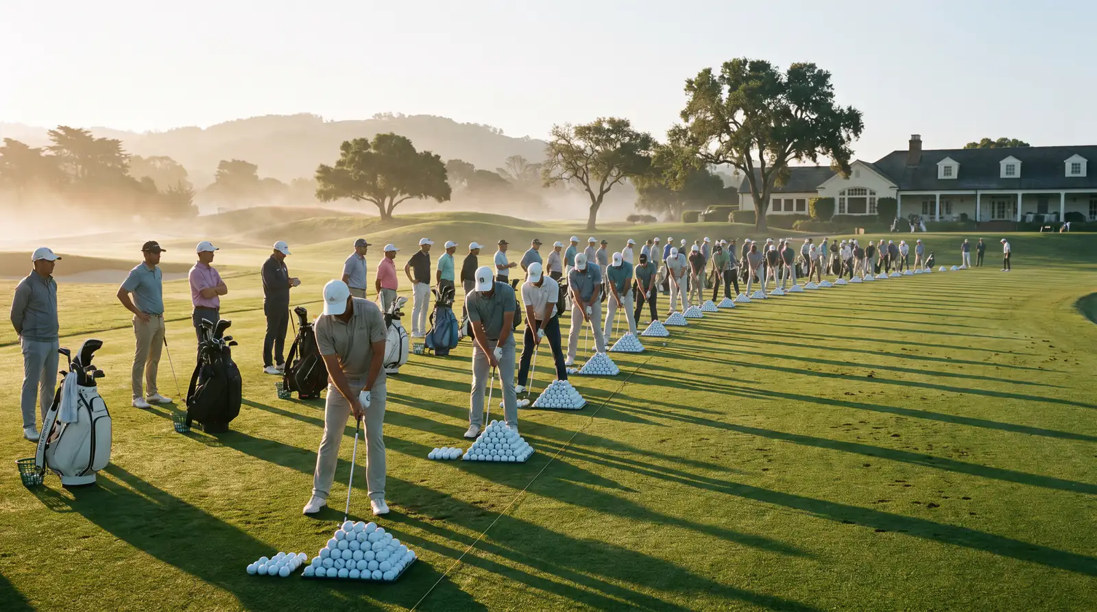 A deep field of tour pros warming up on a championship driving range