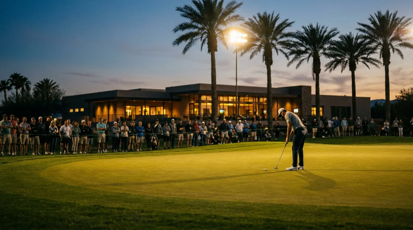 Late-season tour event with desert palms framing a championship green at dusk