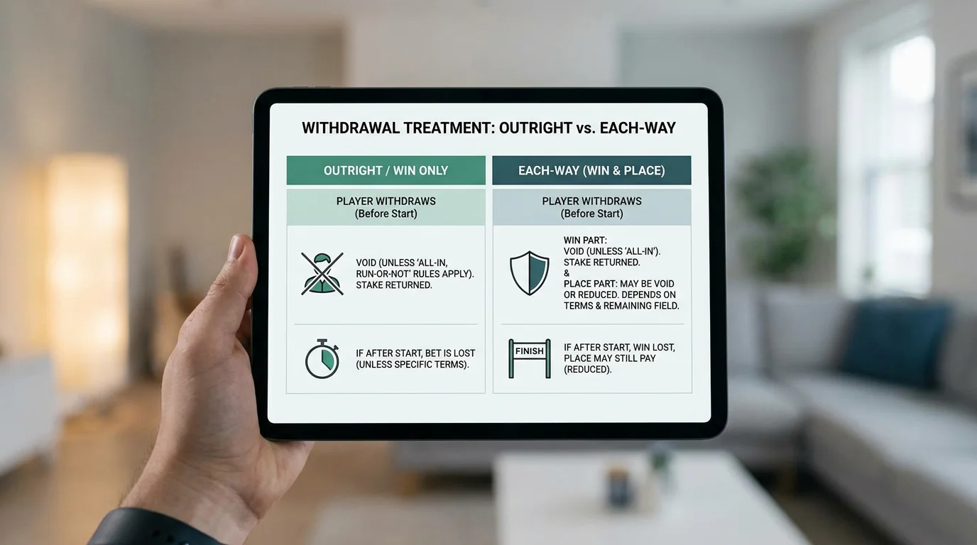 Each-way and outright bet treatment rules compared on a clean table display