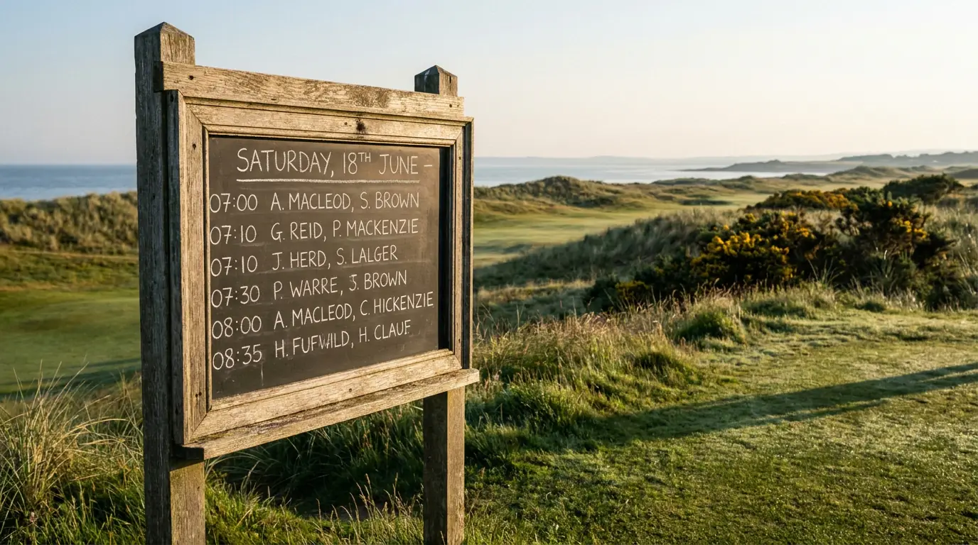 Early wave tee-time board on the first morning of The Open at a UK links