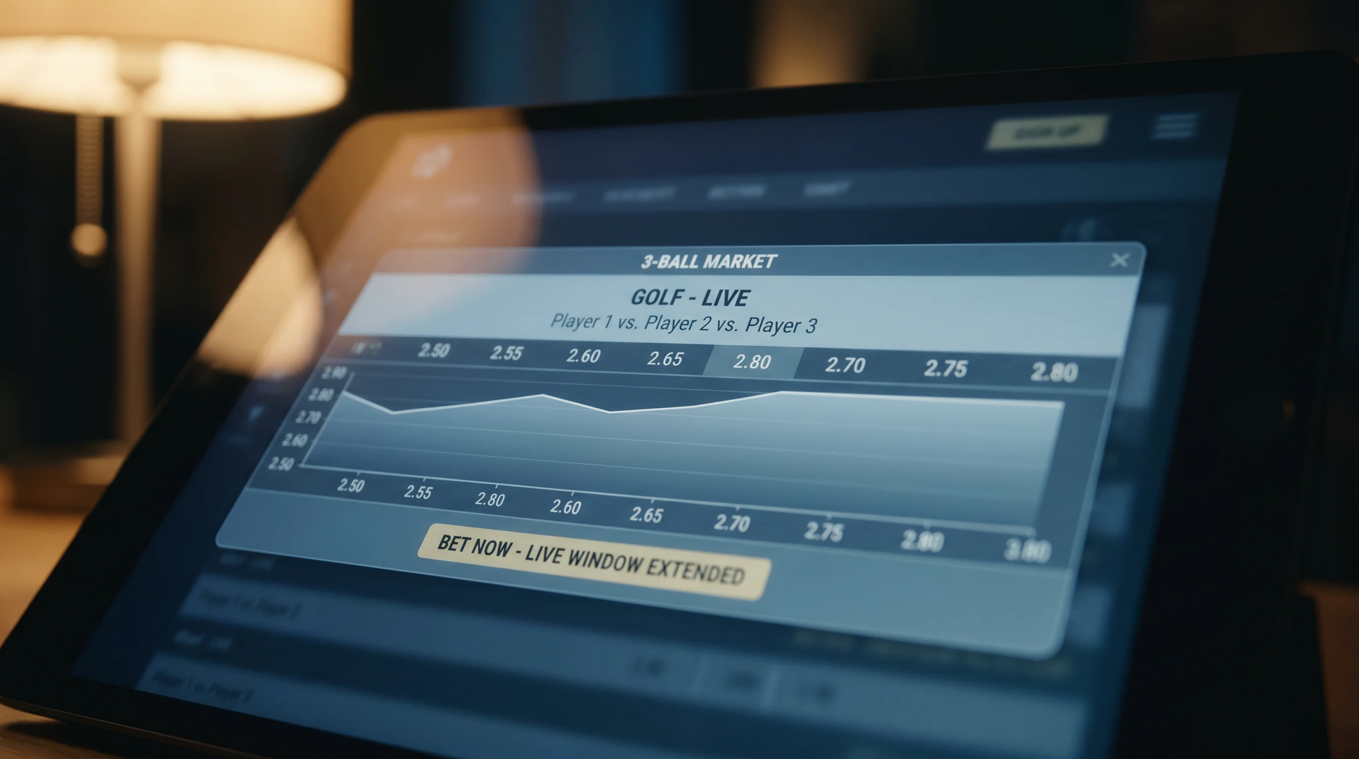 Extended 3-ball market window displayed on a UK live golf betting screen