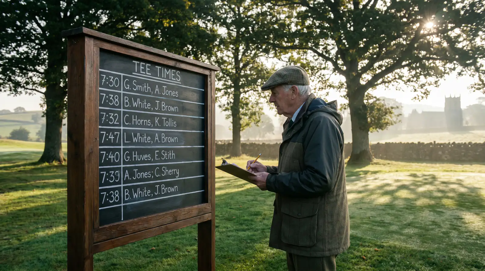 First tee starter board showing scheduled tee times at a UK golf tournament