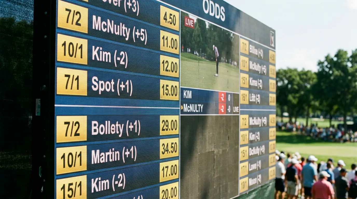 A bookmaker board showing fractional and decimal odds for a live golf market side by side