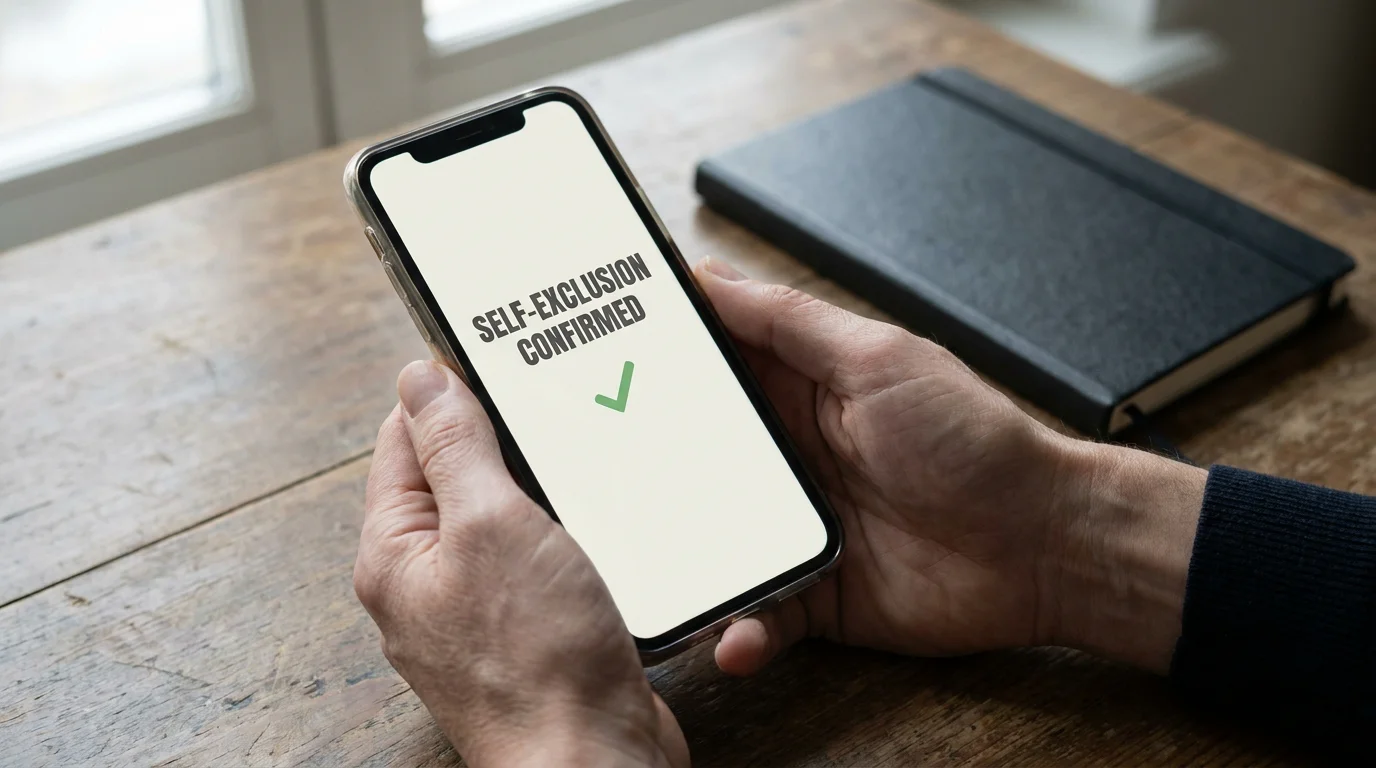 A bettor reviewing GamStop self-exclusion options on a mobile phone before tournament week.