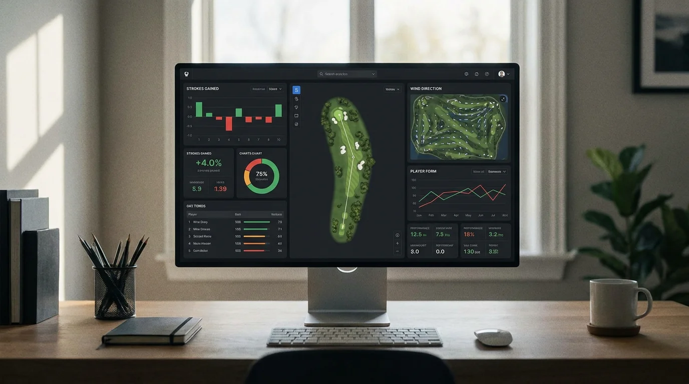 Monitor showing strokes gained inputs and weather data feeding a live golf odds model