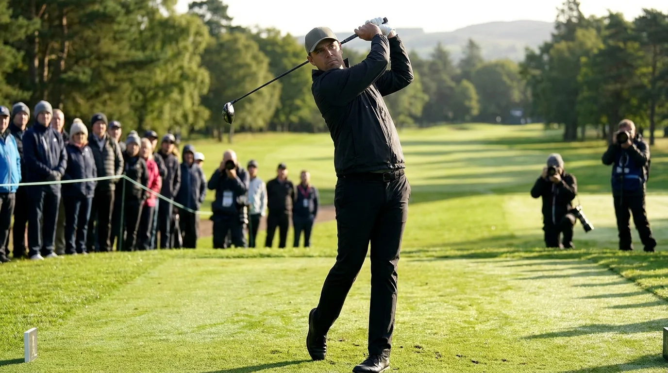 Tour professional executing a tee shot on a parkland golf hole during a tournament