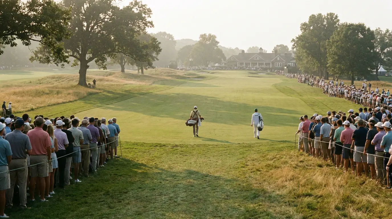 Golfer walking down a long fairway toward his ball during a tournament round