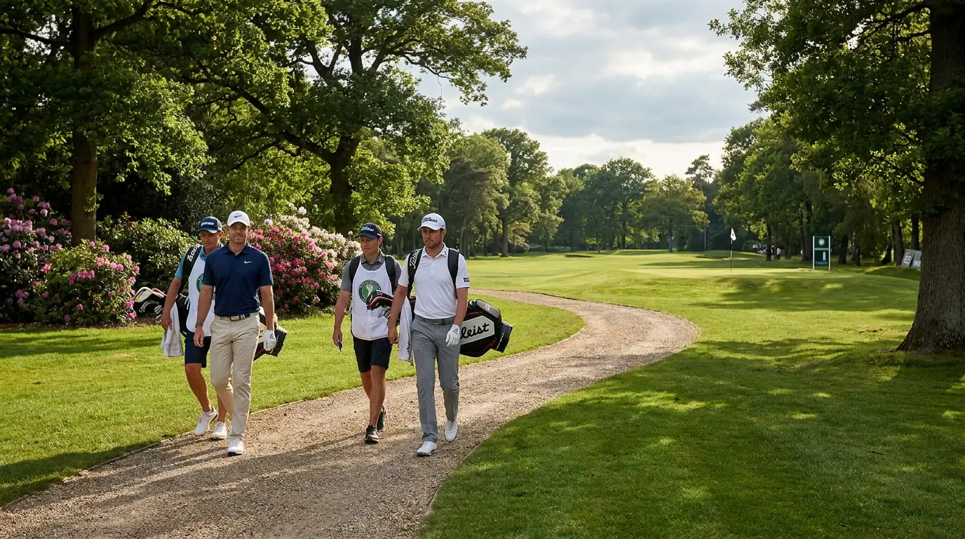 Professional golfers walking between holes on a tour course during a live round