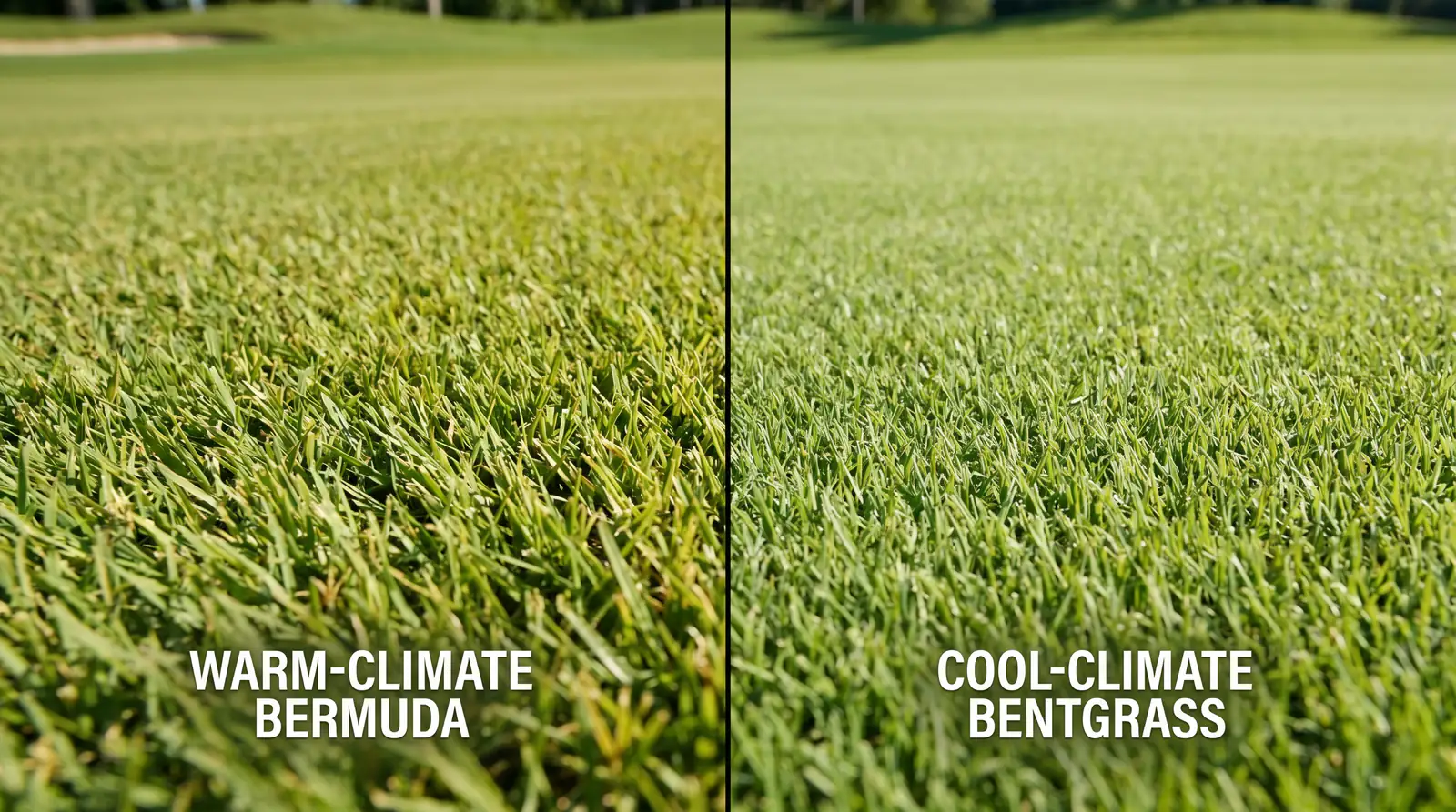 Two greens side by side showing Bermuda and bentgrass surfaces in close-up