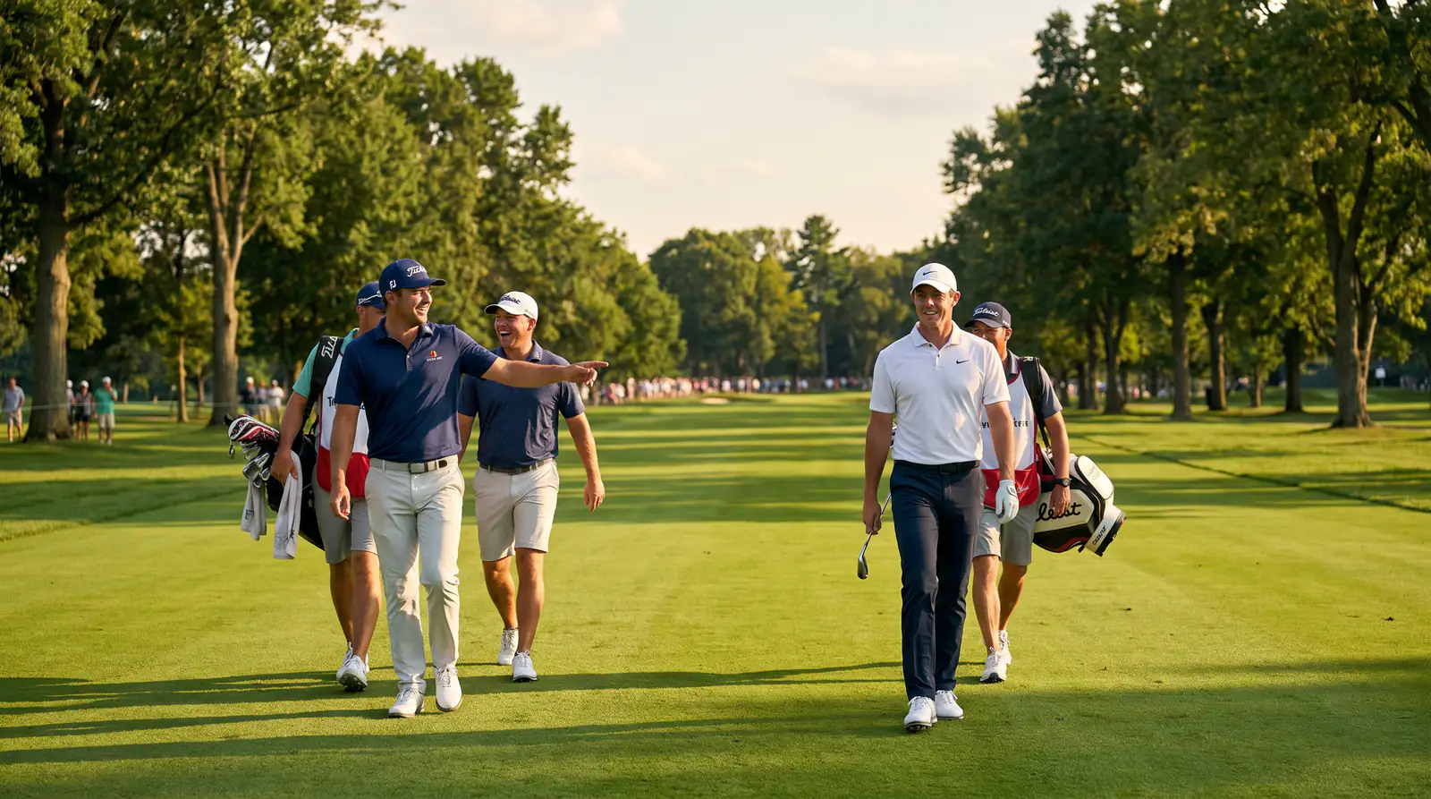 Two professional golfers playing the same fairway in a head-to-head matchup during a live round