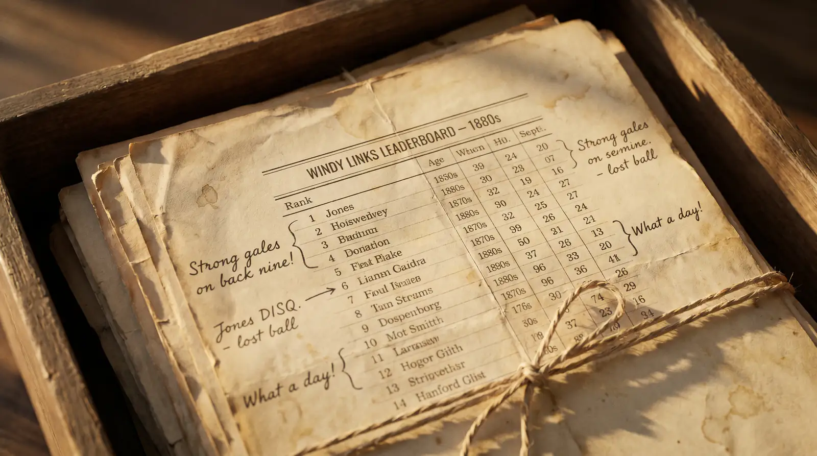 Archive page of a famous wind-swung links tournament with annotations