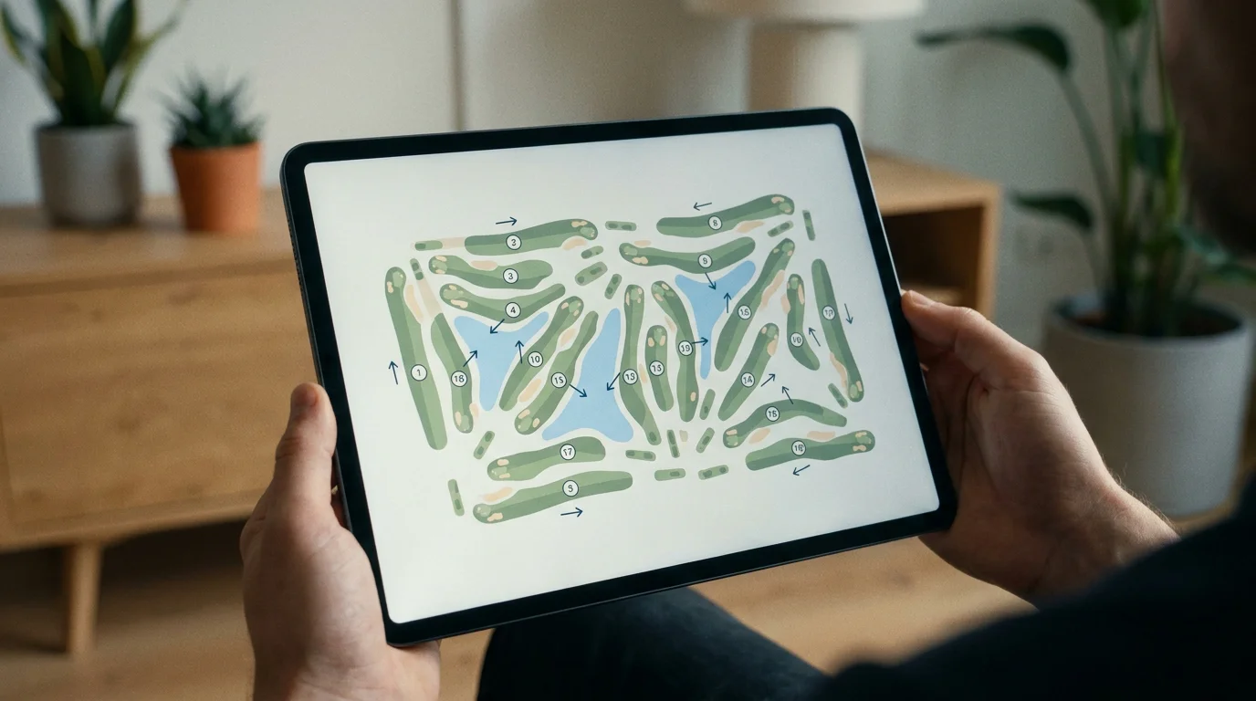 Hole-by-hole wind impact map for a UK links course on a tablet