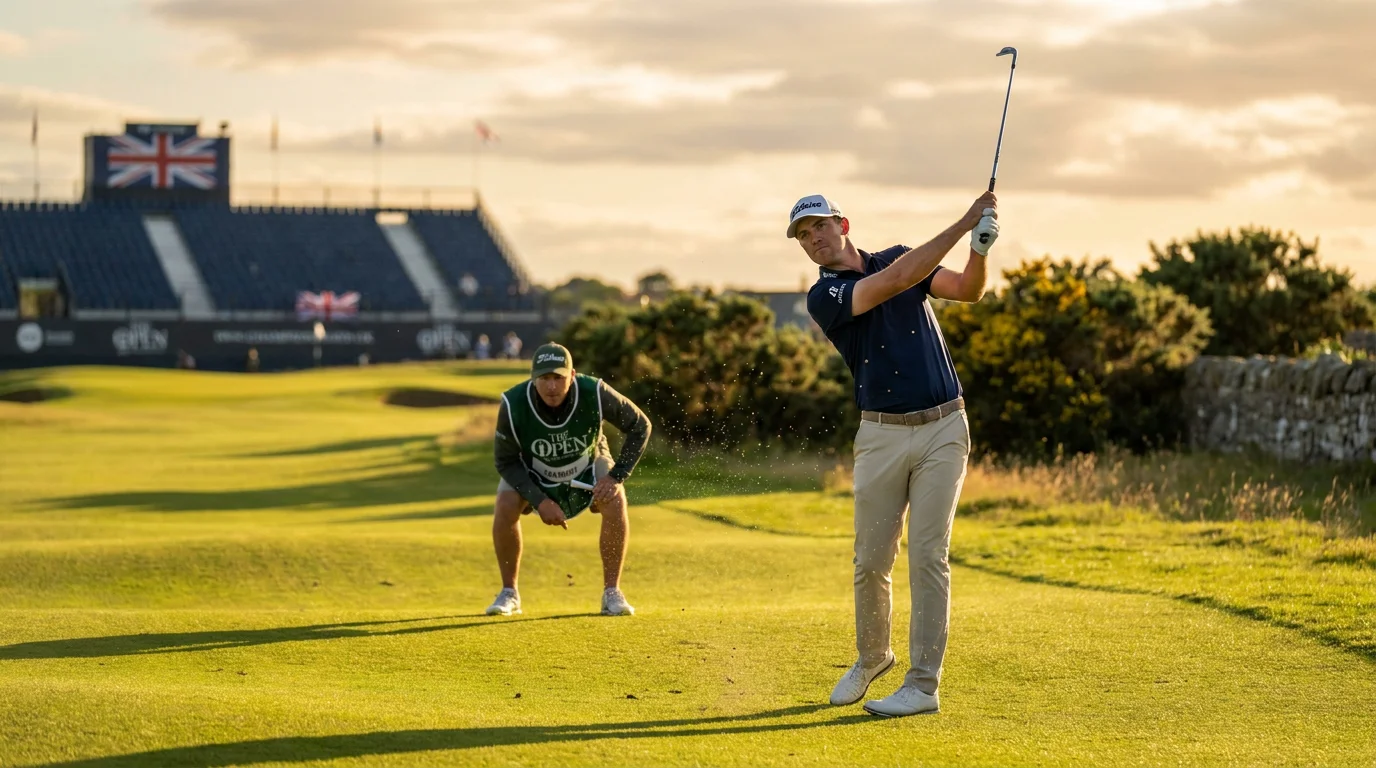 Professional golfer striking a tournament shot during a live in-play round at a UK championship course