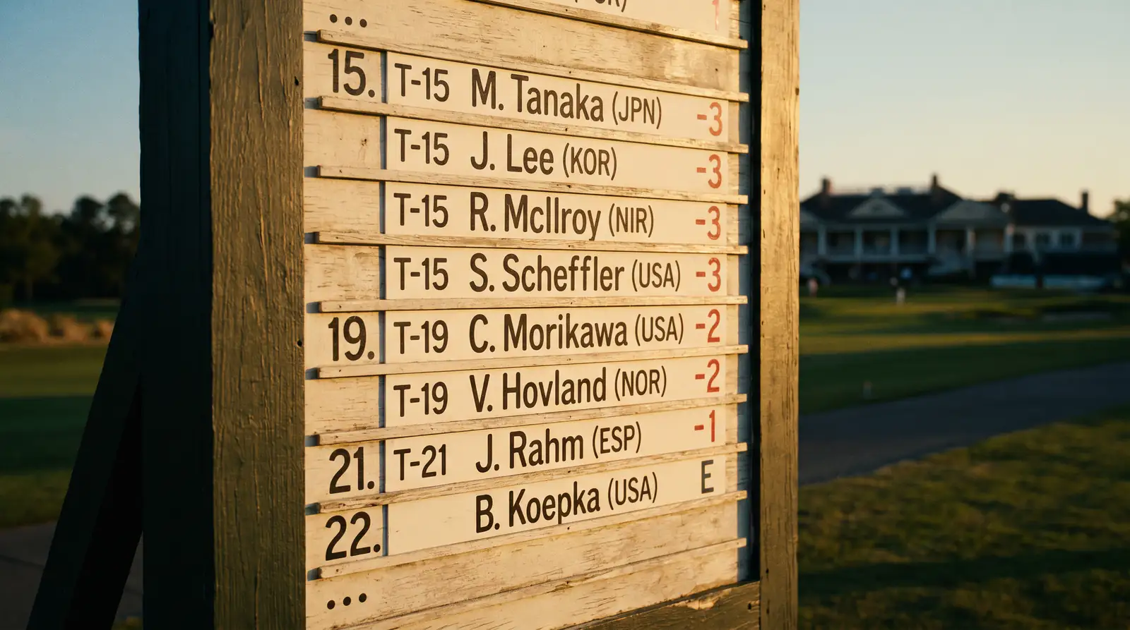 Top-20 leaderboard view showing a cluster of tied players at the cut line