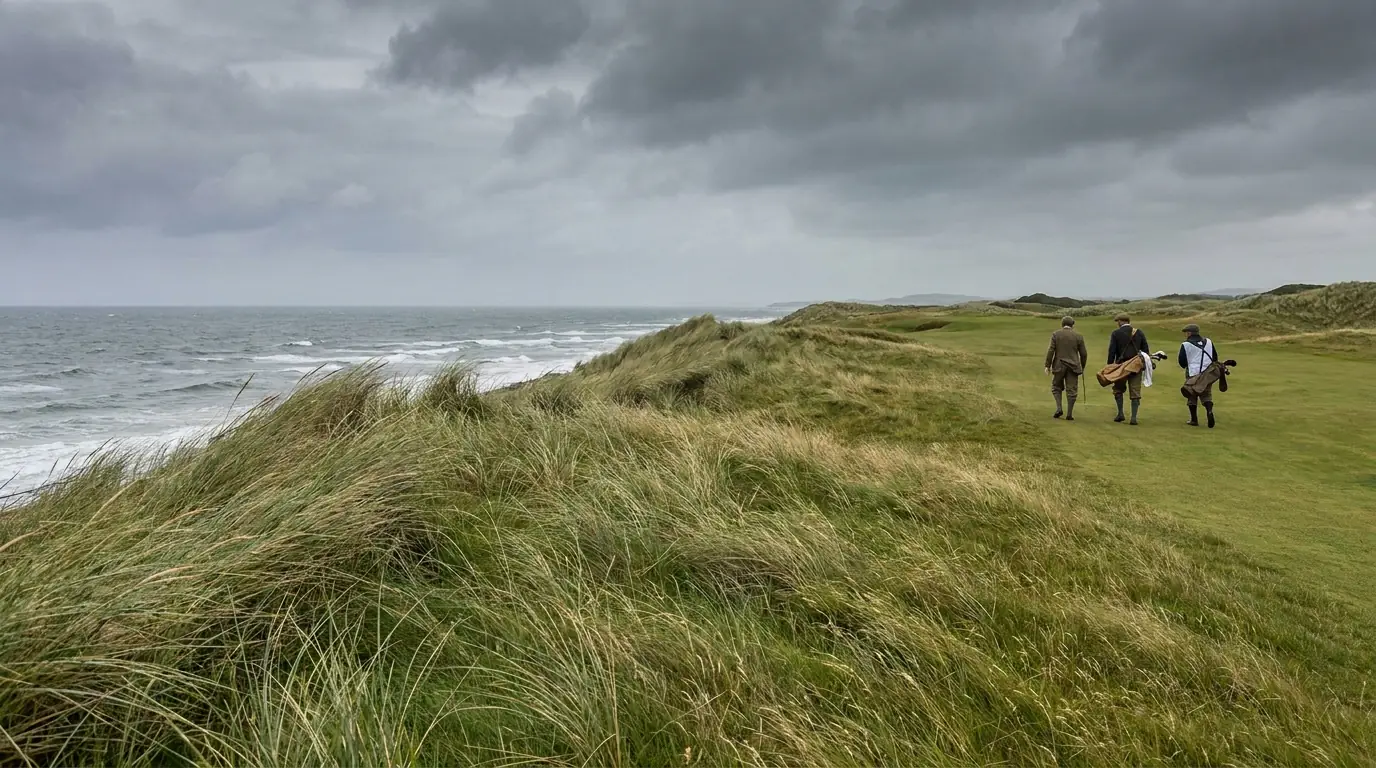 Coastal links fairway with sea breeze visibly affecting players during The Open
