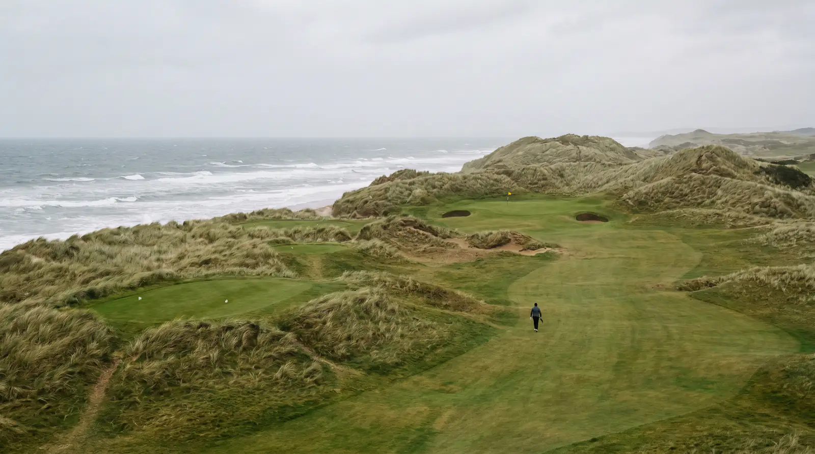 Wide links golf course vista where flat scoring produces dead-heat clusters