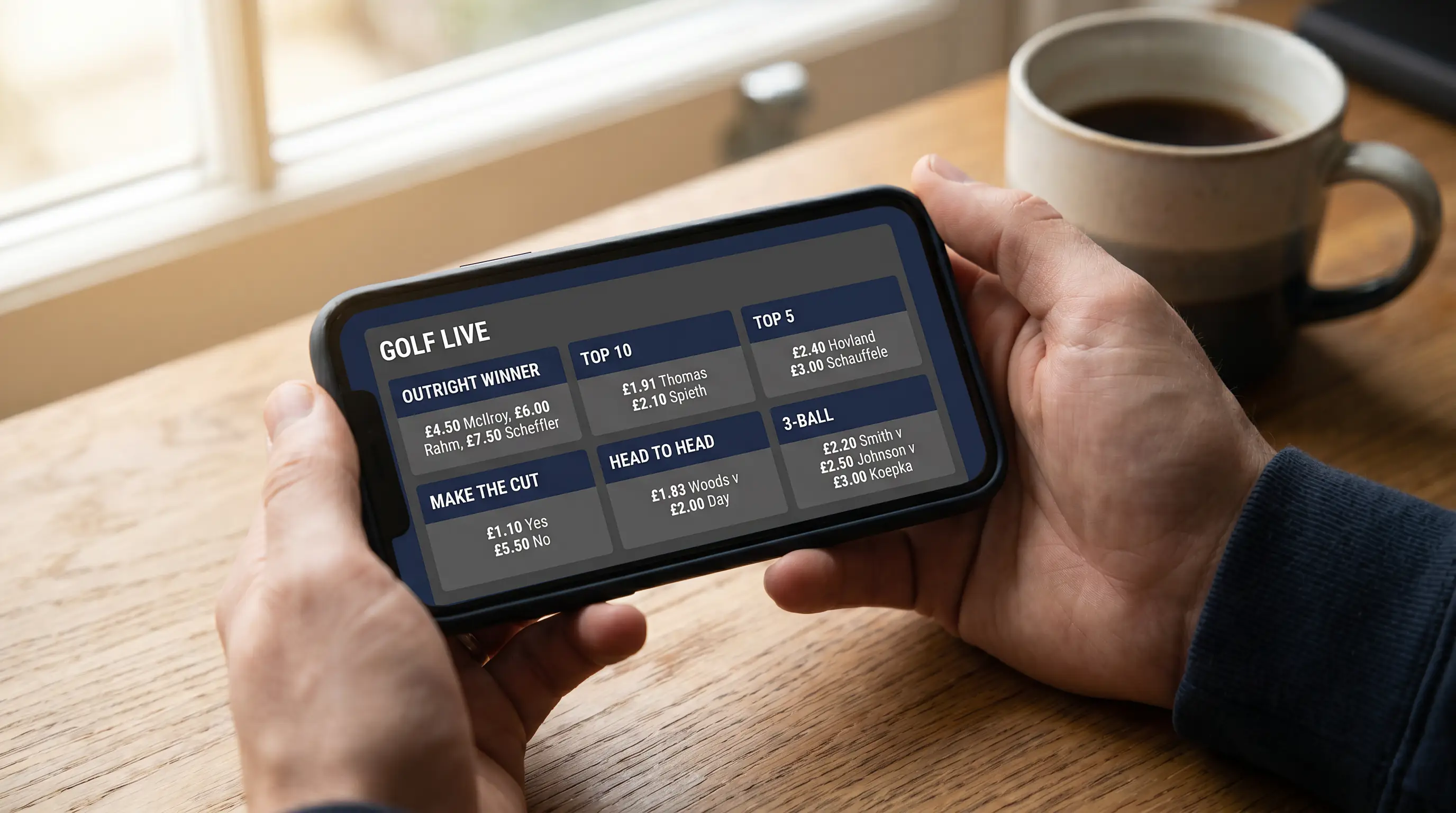 Smartphone displaying a live golf betting market menu with multiple bet types and prices