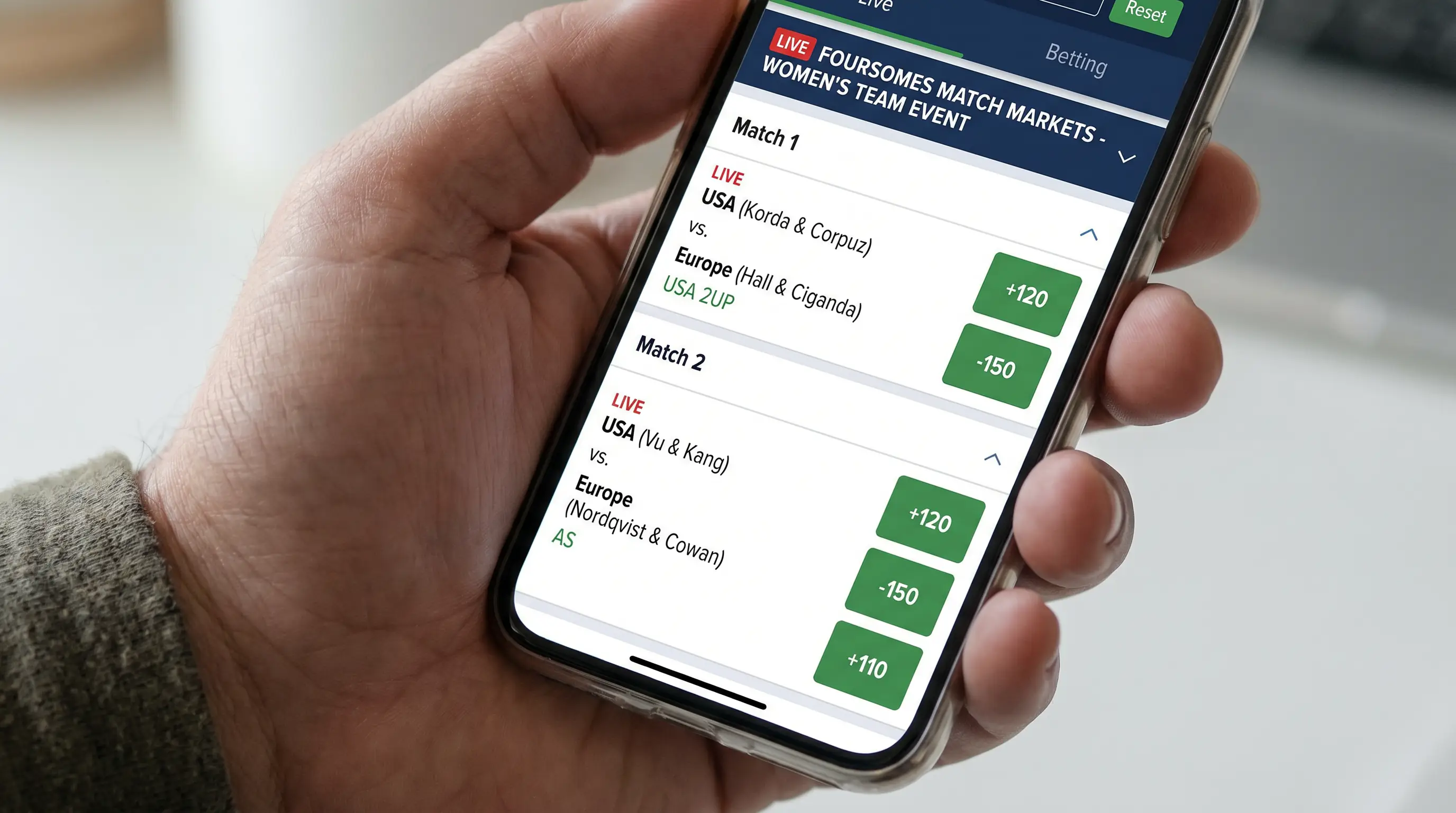 Live foursomes match-play markets on a UK mobile screen on day one of the Solheim Cup