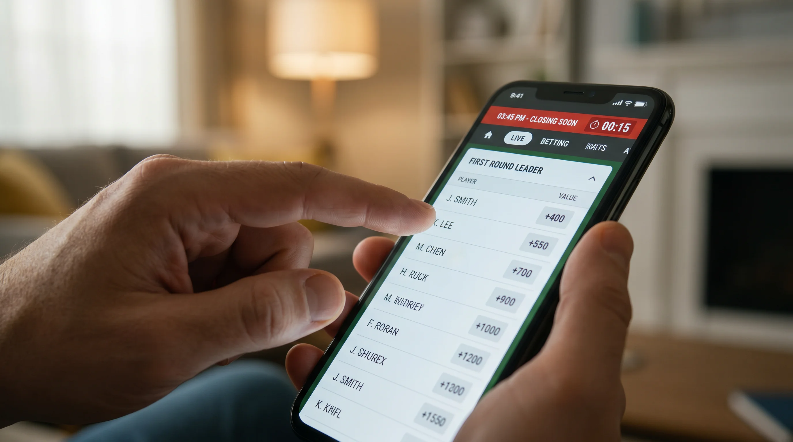 Mobile UK live betting screen with first round leader market ticking down to closure