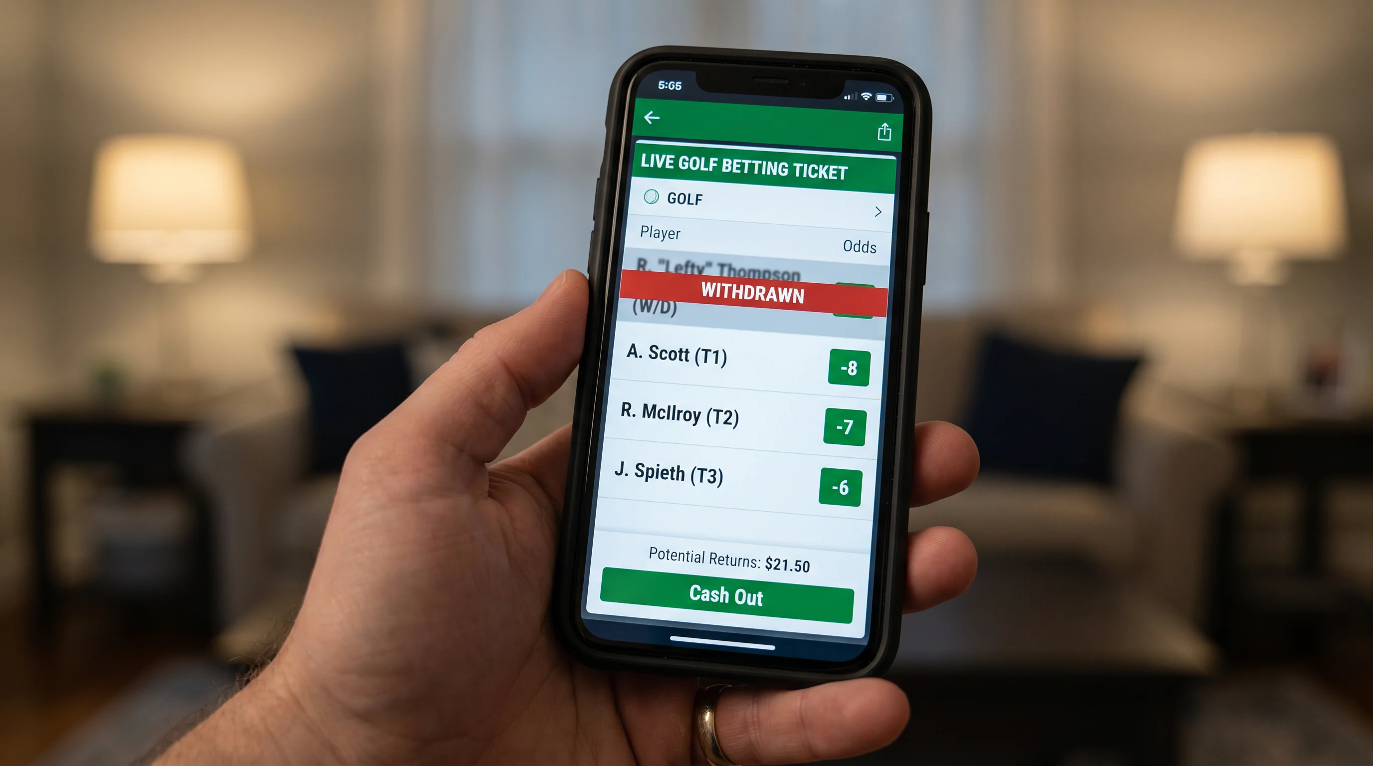 Mid-round live golf bet showing a player withdrawn on a UK betting interface