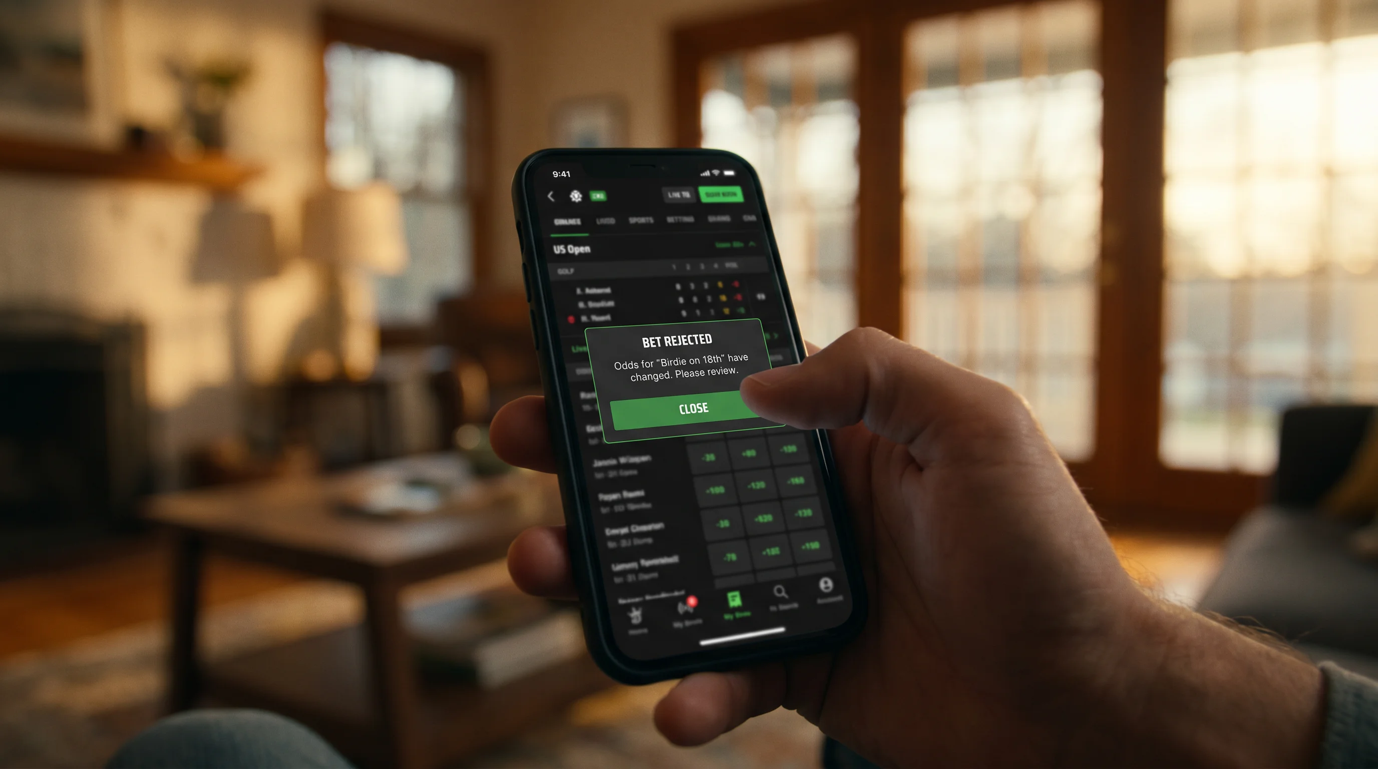 Live golf betting app showing a price-changed rejection message on a smartphone