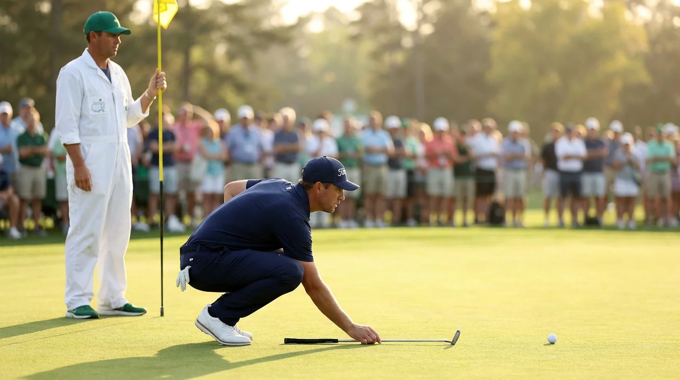 Professional golfer reading a putt on a tournament green during a live championship round