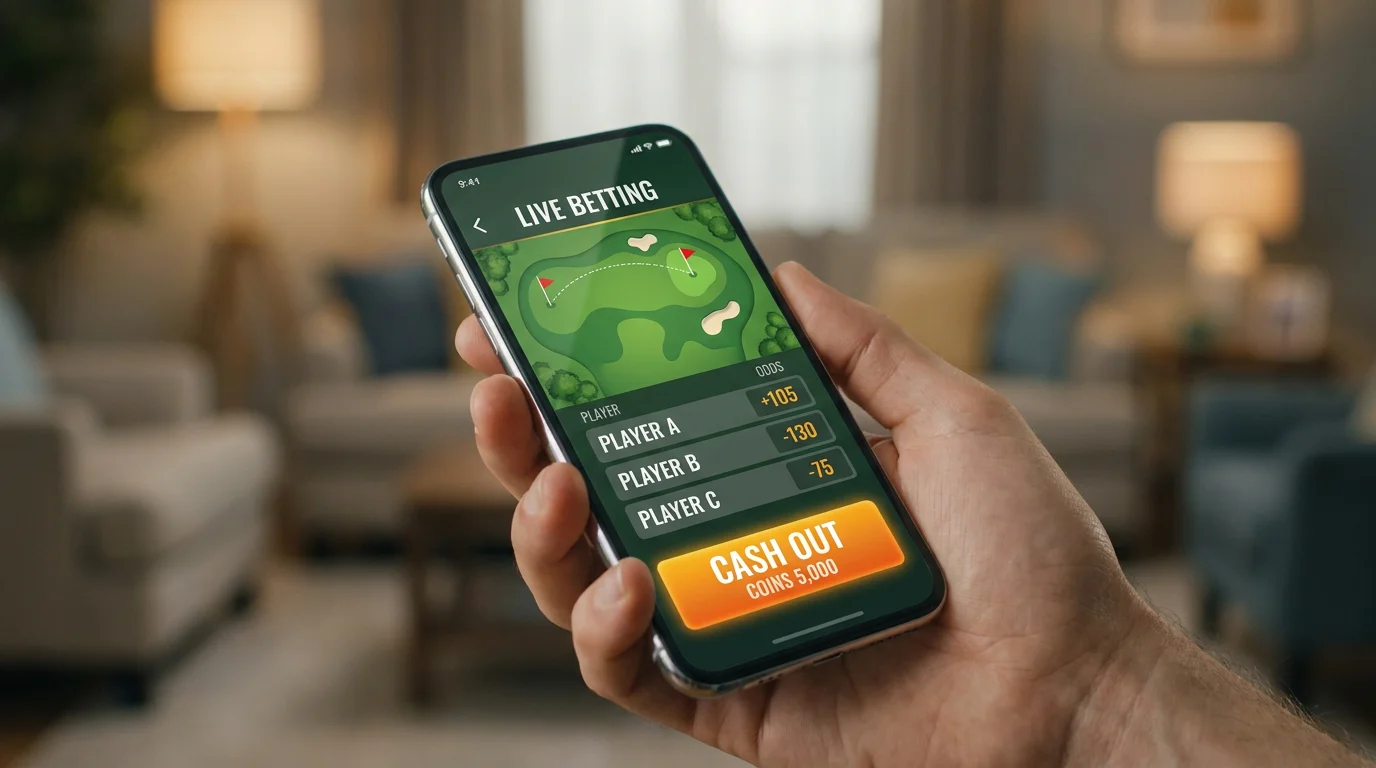 UK live golf betting mobile screen with cash-out button highlighted