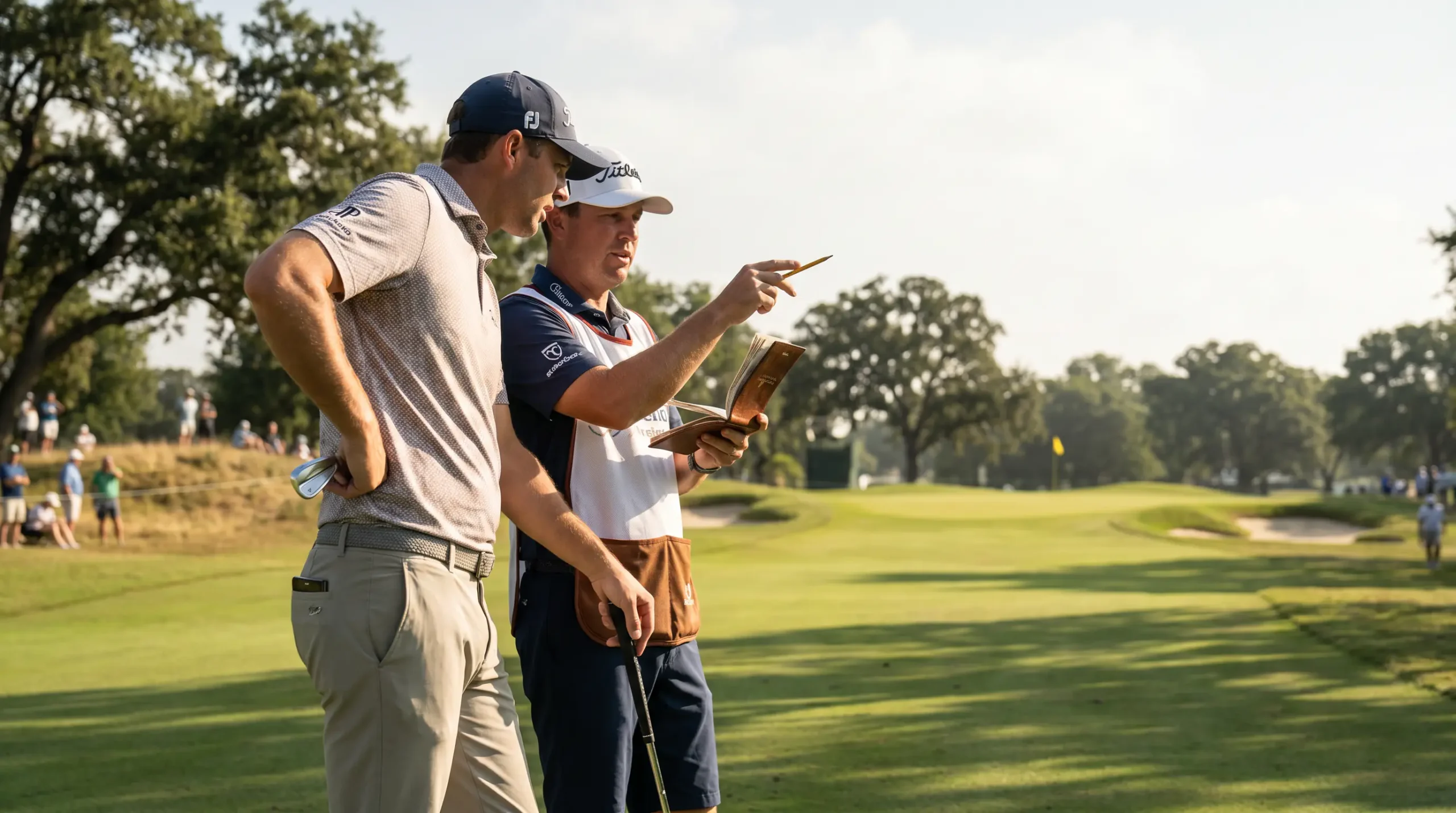 Professional golfer planning his approach shot mid-round with his caddy beside him on the fairway