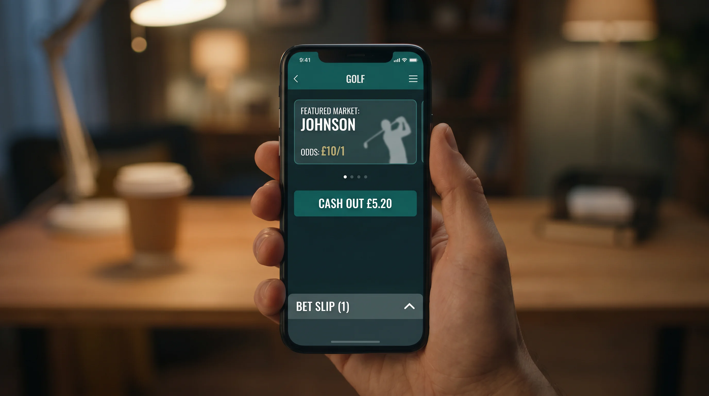 Mobile betting interface showing a live golf market with prices, cash-out control and bet slip panel