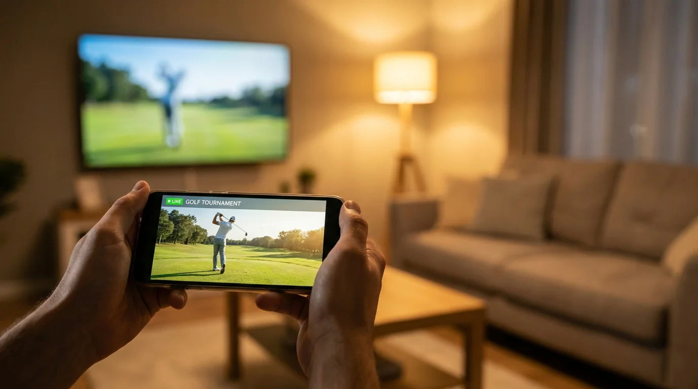 Smartphone streaming a live golf tournament shot in handheld view next to a television broadcast