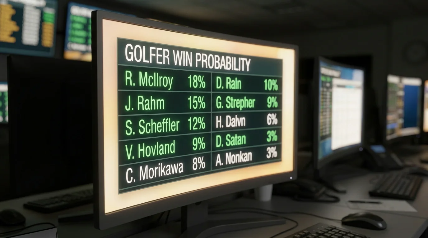 Live golf probability board with player win percentages on a trading desk monitor