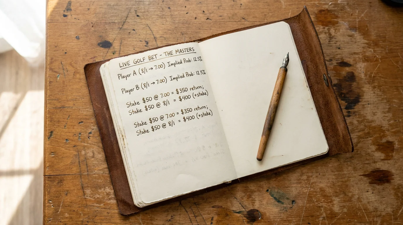 Handwritten odds recalculation notes for a live golf bet on a notebook page