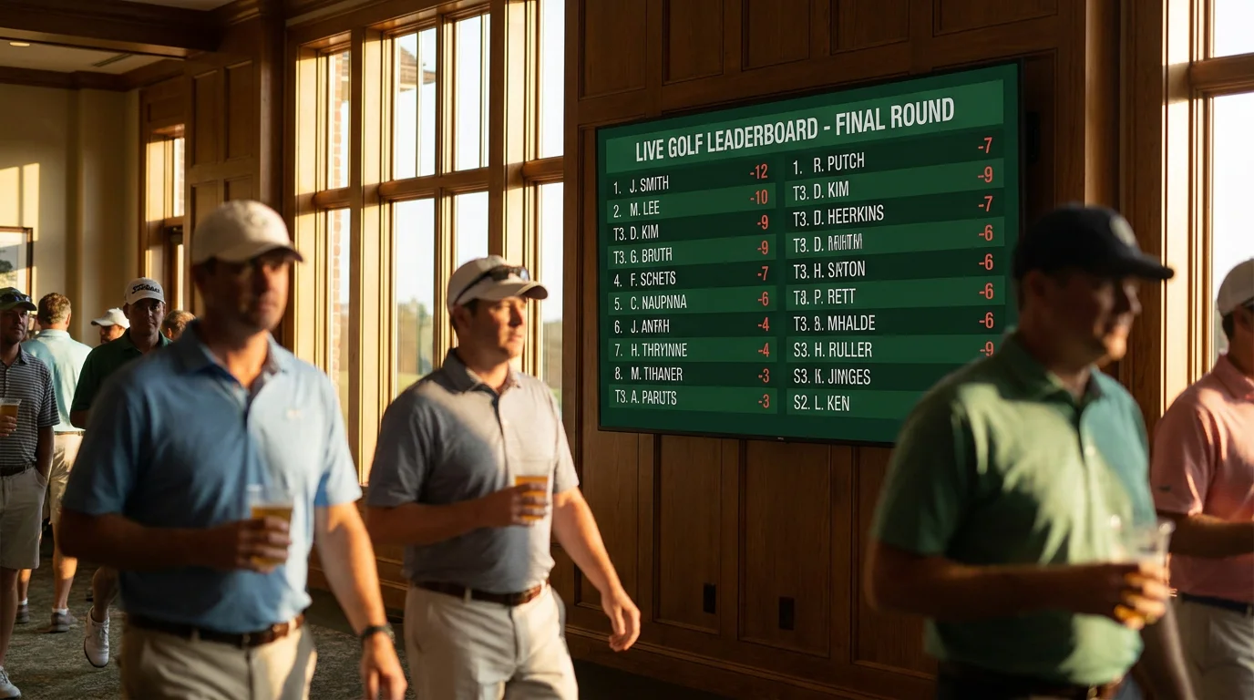Live golf tournament leaderboard on a clubhouse screen during the final round
