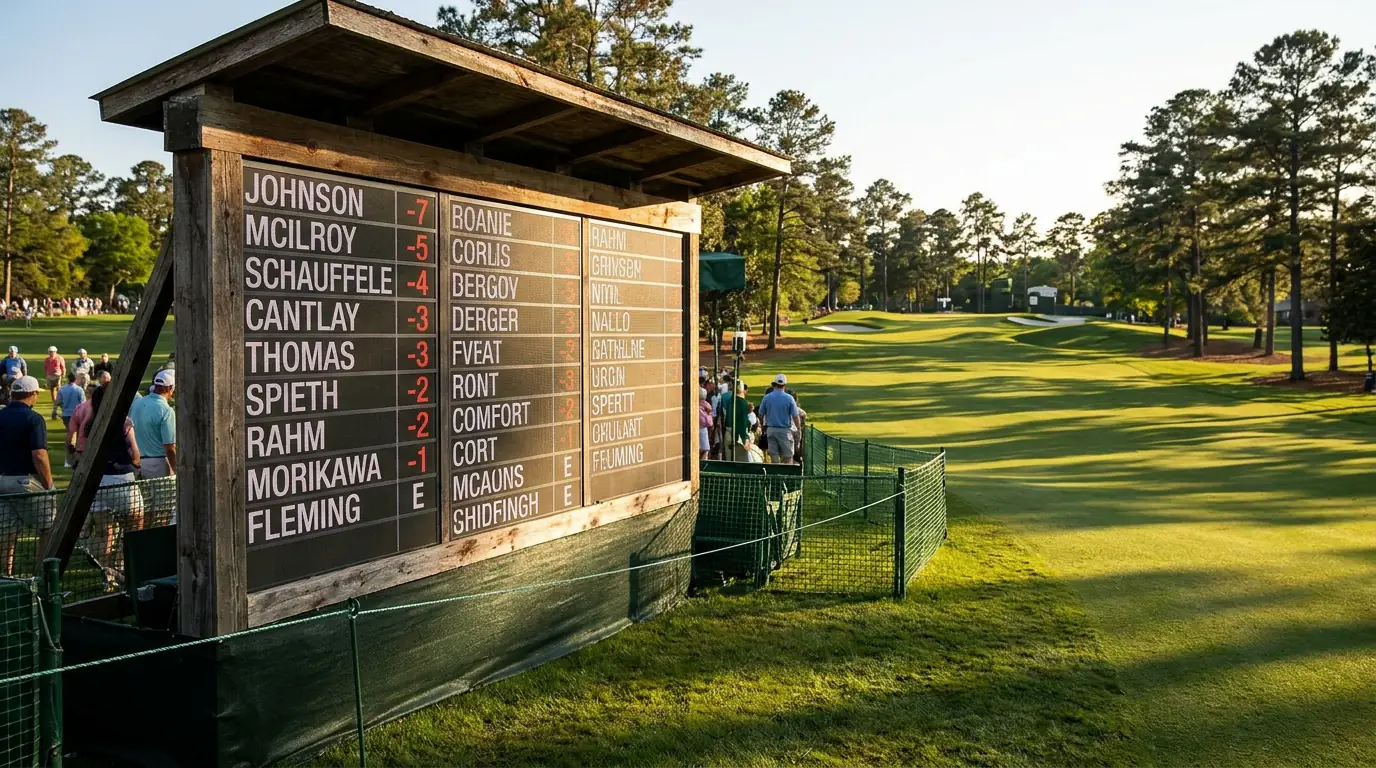 Live golf tournament leaderboard updating between rounds with shifting positions